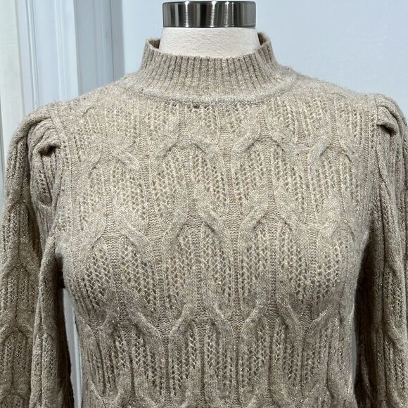 NWOT Express Metallic Sweater Puff Sleeve Gold threading Open Stitch Size Small - Picture 5 of 16